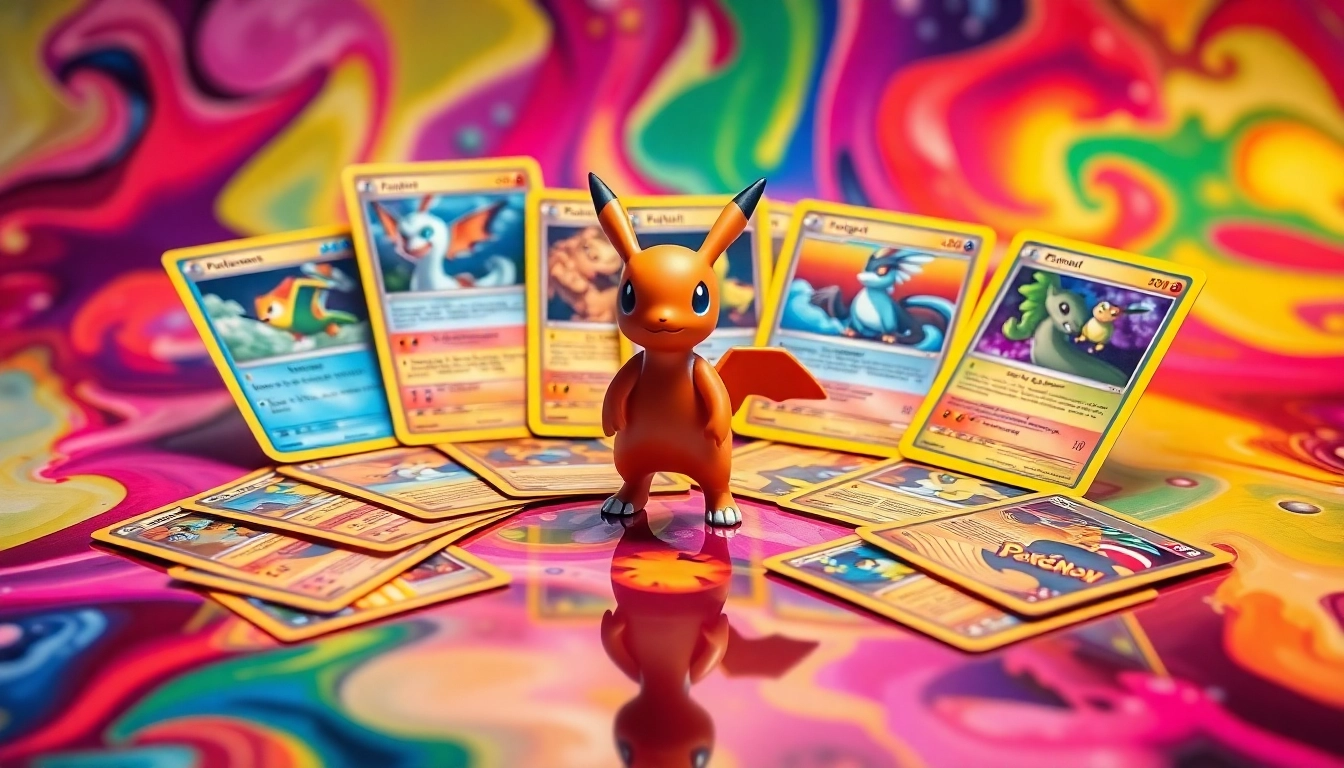 Display real Pokémon cards artfully arranged with a captivating Pokémon figure, showcasing their collectible nature.