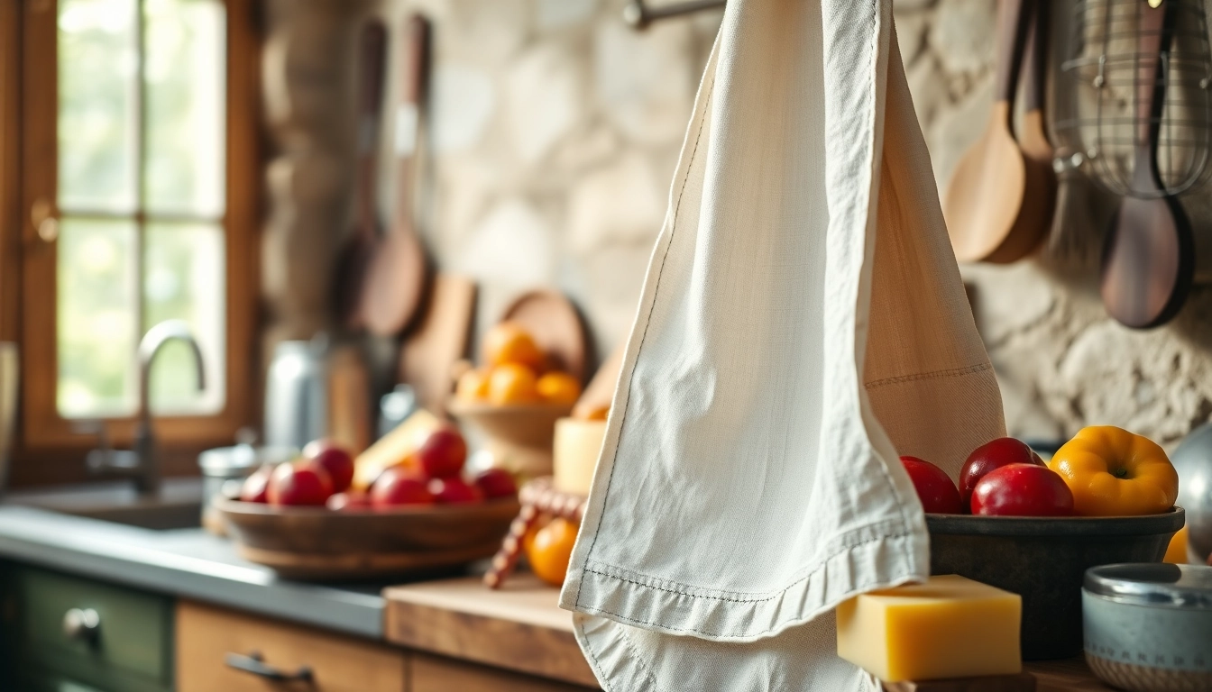 Kaasdoek afgebeeld met vers fruit en kaas in een rustieke keukensetting.