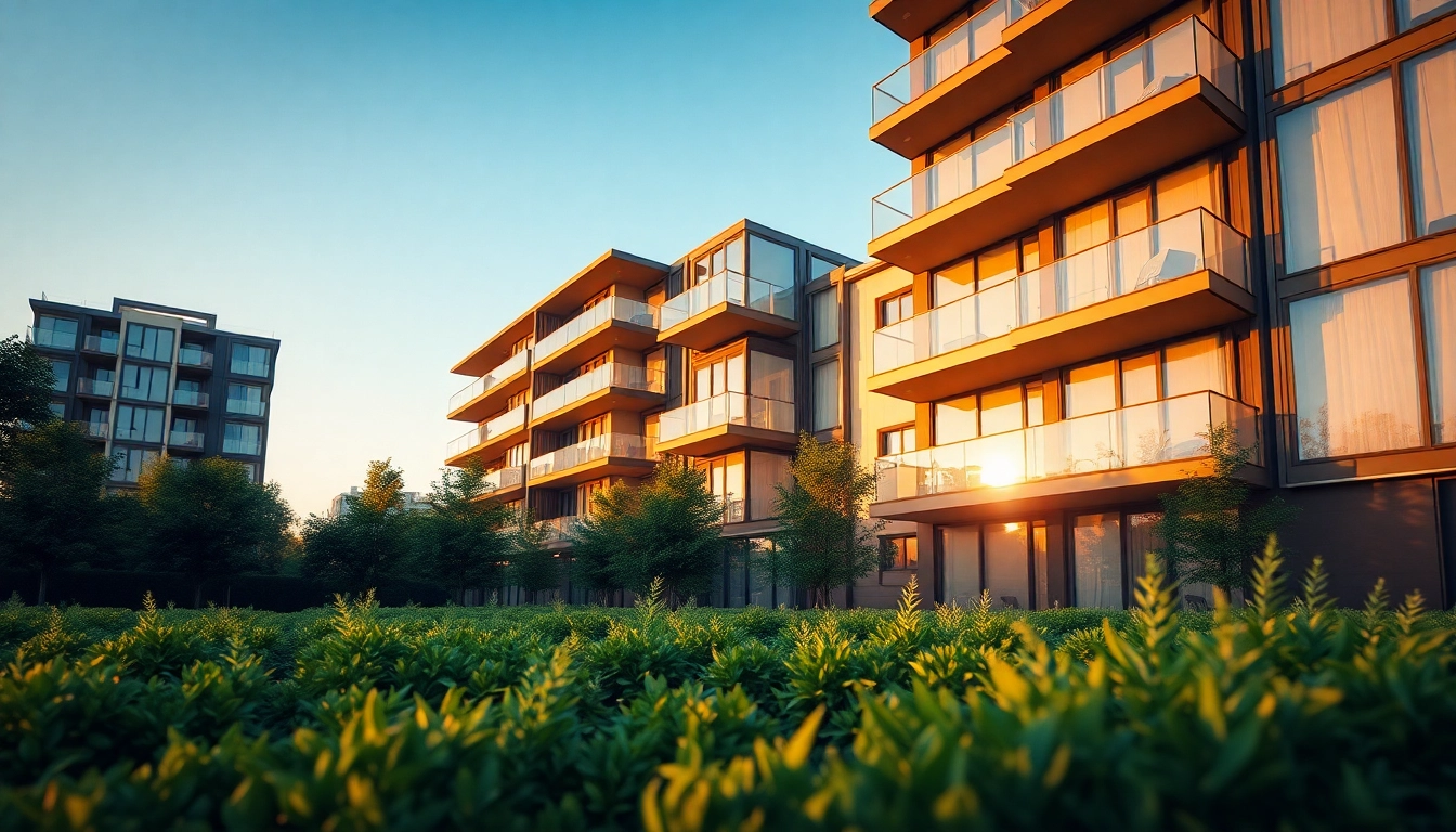 Architekturvisualisierung eines modernen Wohnkomplexes, der in einem urbanen Umfeld leuchtet.