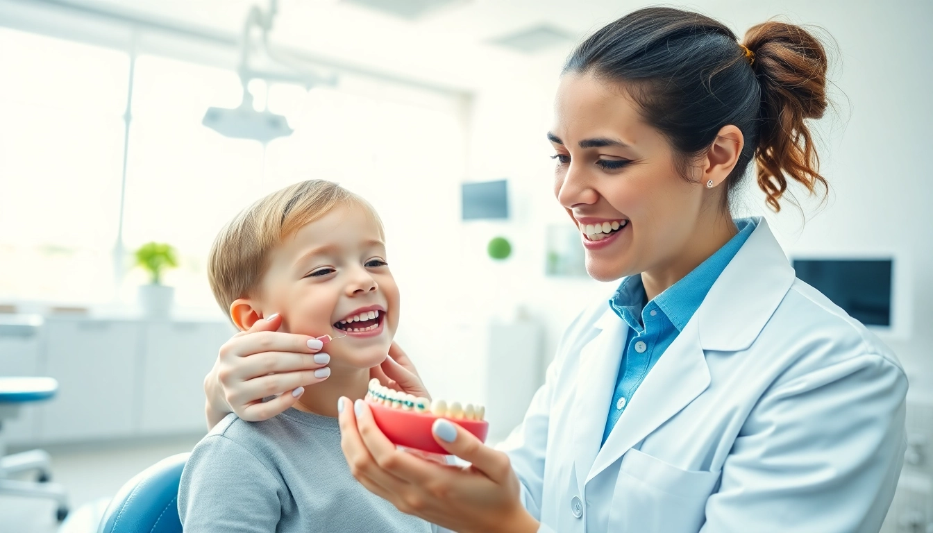 Showing braces Myrtle Beach treatment, an orthodontist consultations with a child in a bright clinic.