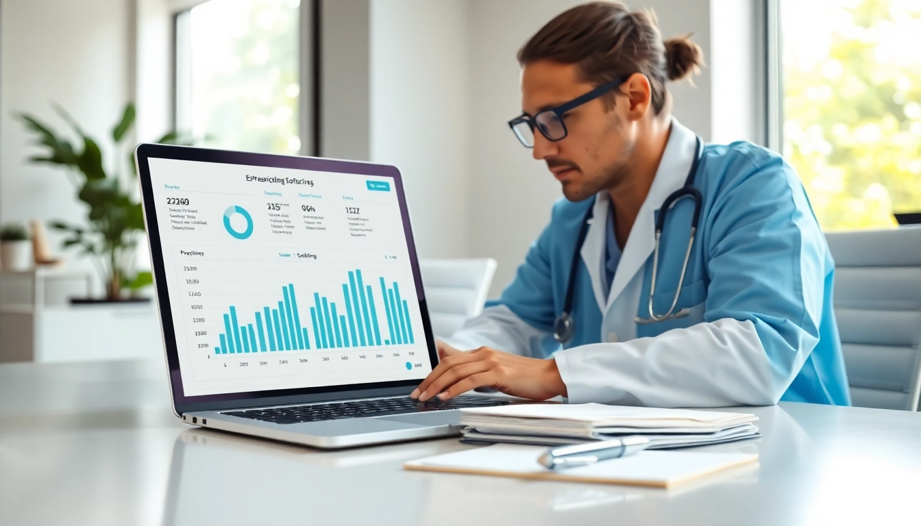 Evaluating eprescribing software pricing with charts and a sleek laptop in a professional office.